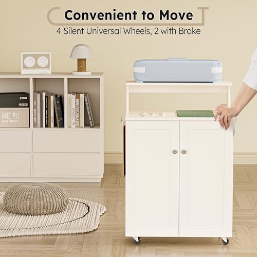 𝐂𝐫𝐚𝐟𝐢𝐭 Craft Cart Storage Cabinet Compatible with Cricut Machine, Rolling Crafting Table Furniture with Vinyl Roll Holder Organizer Desk Workstation for Craft Room Home Organization, Ivory