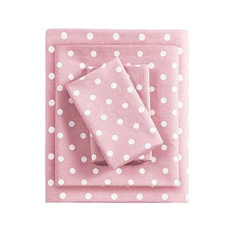 Intelligent Design Pink Queen Size Sheet Sets Kids Polka Dot Sheets for Girls 100% Cotton Percale Soft Flat and Fitted Sheet, Pillowcase, Breathable All Season Bed Set, Fits up to 14" Mattress Intelligent Design