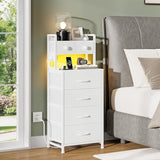 REAHOME 41 Inch Tall Nightstand with Charging Station, LED Night Stand with 6 Fabric Drawers, Bed Side Table with 3-Tier Wood Storage Shelves for Bedroom, Office, Small Spaces, White REAHOME