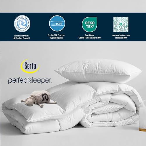 Serta Goose Feather Down Fiber Cotton Comforter King Size - 100% Cotton Duvet Insert - Hotel Luxury Hypoallergenic Bedding Comforter All Season Medium Warmth 106 x 90 Inch White Serta