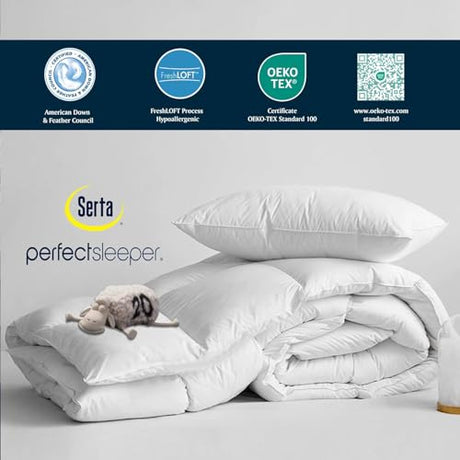 Serta Goose Feather Down Fiber Cotton Comforter Twin Size - 100% Cotton Duvet Insert - Hotel Luxury Hypoallergenic Bedding Comforter All Season Medium Warmth 68 x 90 Inch White Serta