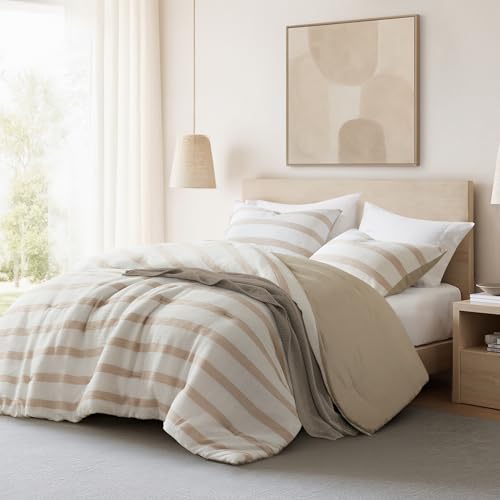 Madison Park Essentials Striped Comforter Set King/Cal King Size, Yarn-Dyed Reversible Comforter with Minimalist Stripes, Crinkled Texture Bedding Set for All-Season Lightweight Warmth, Merritt Taupe Madison Park