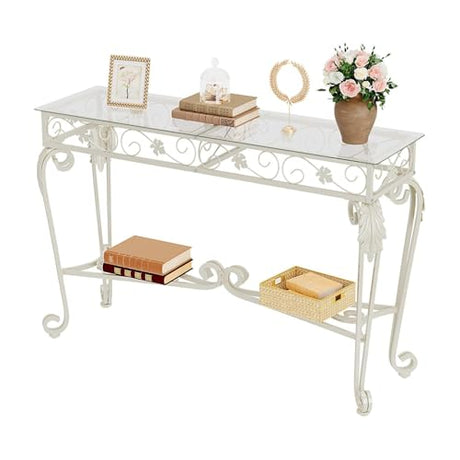 HavenlyYouth Console Table 47.2", Tempered Glass Sofa Table with Metal Frame, Console Tables for Living Room, Entryway, Hallway, Foyer, Adjustable Feet (White) HavenlyYouth