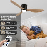reiga 52" Natural Wood Ceiling Fan with Light and Remote, 3 Blade Flush Mount Low Profile Ceiling Fan for Bedrooom Living Room, Quiet DC Motor reiga