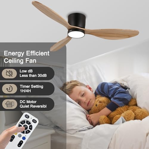 reiga 52" Natural Wood Ceiling Fan with Light and Remote, 3 Blade Flush Mount Low Profile Ceiling Fan for Bedrooom Living Room, Quiet DC Motor - WoodArtSupply