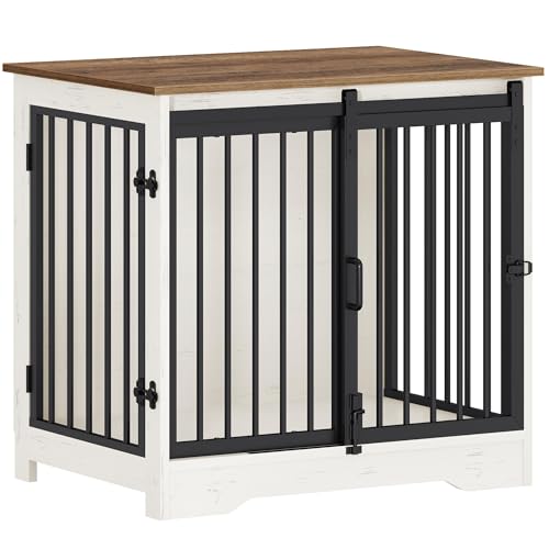 Hzuaneri 27.2" Dog Crate Furniture with Barn Door, Heavy Duty Dog Kennel Indoor with 2 Doors, Wooden Pet Cage End Table for Small Medium Dogs up to 22 lb, Anti-Chew Anti-Escape, White Brown DFC84314B Hzuaneri