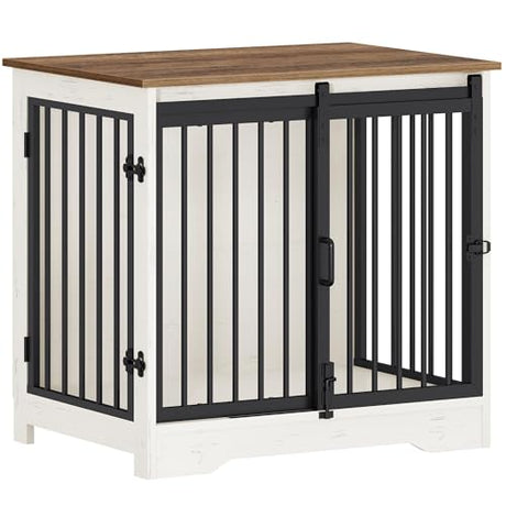 Hzuaneri 27.2" Dog Crate Furniture with Barn Door, Heavy Duty Dog Kennel Indoor with 2 Doors, Wooden Pet Cage End Table for Small Medium Dogs up to 22 lb, Anti-Chew Anti-Escape, White Brown DFC84314B Hzuaneri