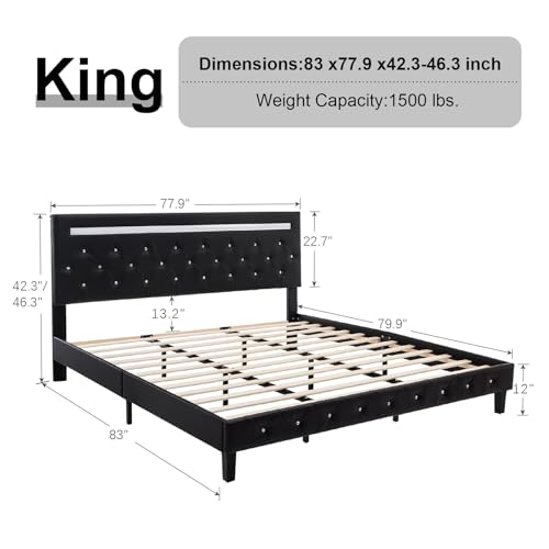 Benevika King Size Upholstered Bed Frame with LED Lights and Charging Station - WoodArtSupply