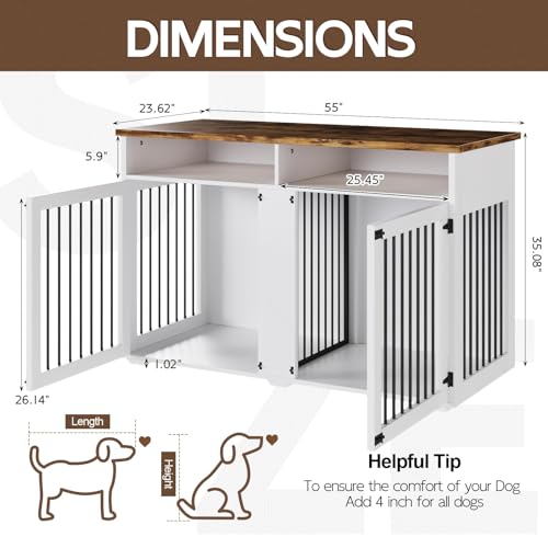 55'' Dog Crate Furniture for 2 Dogs, Wooden Dog Cage with Storage Compartment, Indoor Dog Kennel with 2 Doors for Large/Medium Dogs, White REVOMINCA