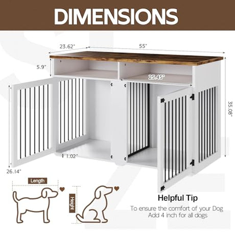 55'' Dog Crate Furniture for 2 Dogs, Wooden Dog Cage with Storage Compartment, Indoor Dog Kennel with 2 Doors for Large/Medium Dogs, White REVOMINCA