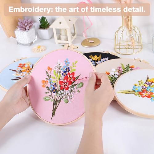 RidaaFri Embroidery Kit for Beginners, Set of 3 Flower Pattern DIY Kits for Adults & Starter, Hand Embroidery Practice Set with Guide & Video Tutorial, Includes Hoop, Needles, Floss