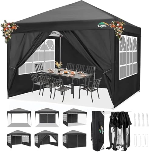 COBIZI 10x10 Pop Up Canopy Tent with 4 Sidewalls Party Tents Waterproof UPF 50+ Commercial Instant Outdoor Events Tent for Parties Markets Backyard, Ropes（10 x 10 ft Black COBIZI