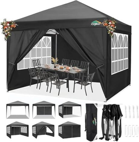 COBIZI 10x10 Pop Up Canopy Tent with 4 Sidewalls Party Tents Waterproof UPF 50+ Commercial Instant Outdoor Events Tent for Parties Markets Backyard, Ropes（10 x 10 ft Black COBIZI