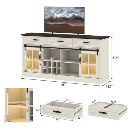 St.Mandyu 66" Sideboard Buffet Cabinet with Drawers, Farmhouse Buffet Table with Storage, Modern Coffee Bar Wine Bar Cabinet with Barn Doors for Kitchen, Dining Room, Living Room, White St.Mandyu