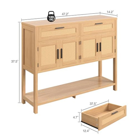 FiveWillowise Buffet Sideboard Cabinet with Open Storage, Boho Storage Cabinet with Rattan Doors and Drawers, Rattan Console Table Coffee Bar Buffet Table for Entryway, Kitchen, Living Room FiveWillowise