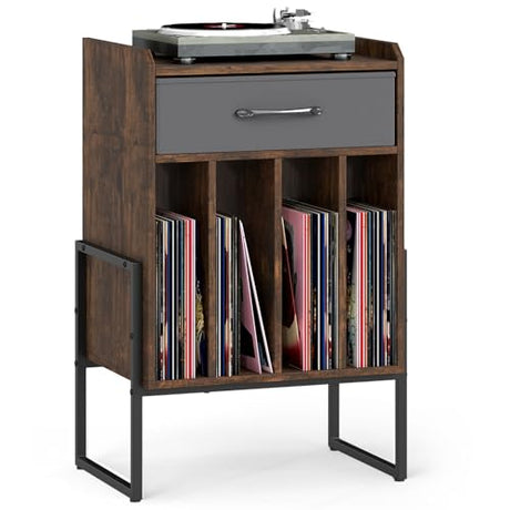 Giantex Record Player Stand, 2-Tier Turntable Stand with Fabric Drawer, Open Vinyl Storage and Display Shelf, Modern Wood Record Stand, Vinyl Record Storage for Living Room, Media Room (Rustic Brown) Giantex