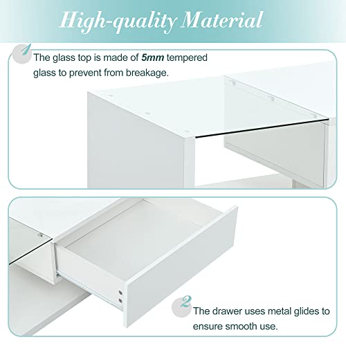 Merax Coffee Table, 2-Tier Rectangular Coffee Table with Tempered Glass, Modern Cocktail Table with High-Gloss UV Surface, Minimalist Design Center Table for Living Room, White Merax