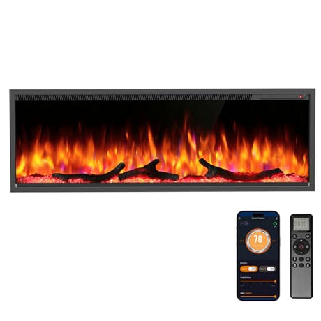 R.W.FLAME 50 Inch Smart Electric Fireplace Recessed and Wall Mounted with Adjustable Flame Colors and Speed, Alexa/WiFi Enabled, APP Control with Multiple Sound Modes, Log & Crystal Options R.W.FLAME
