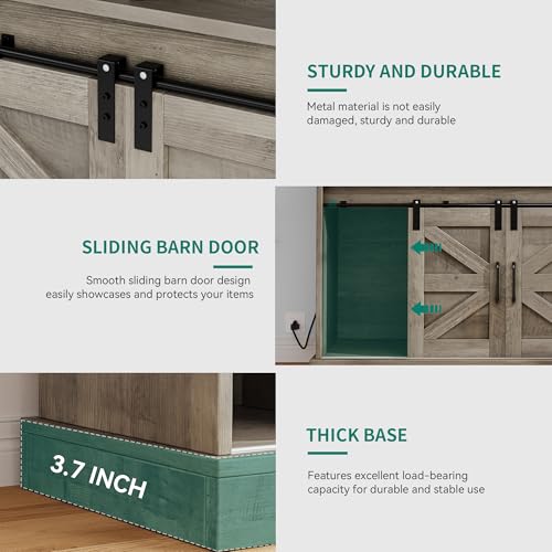 YITAHOME 52" Farmhouse Buffet Cabinet with Storage, Sliding Barn Door, Sideboard Cabinet with Goblet Holder, 5 Hooks and Power Outlets, Coffee Bar Cabinet for Kitchen, Living Room (Rustic Grey Oak) YITAHOME