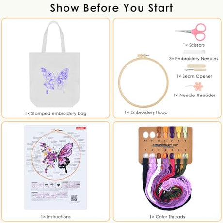 ERKOON Embroidery Canvas Tote Bag for Beginners, Needlepoint Arts Crafts Cross Stitch Kits for Adults Including Stamped Embroidery Bag with Hoops, Needle, Instruction and Color Threads (Butterfly) ERKOON