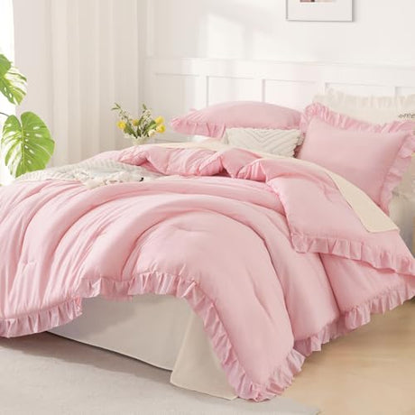 Andency Pink Comforter Set Queen Size, 3 Pieces Solid Pink Ruffle Shabby Chic Comforter Set for Queen Bed, All Season Vintage Rustic Soft Microfiber Bedding Set for Women Girls Andency