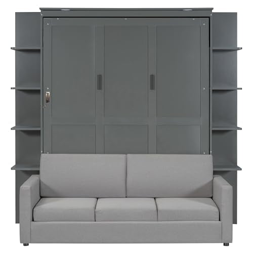 Merax Murphy Bed Cabinet Queen Size with Sofa, Queen Murphy Bed with Couch, Adult Wall Murphy Queen Size Bed Frame with Storage Shelves and LED Lights, Grey Merax