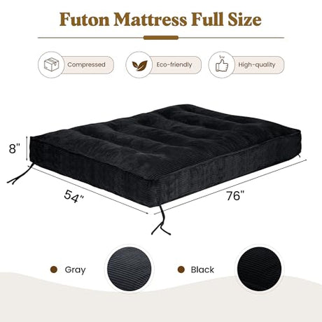 NLDD 8" Futon Mattress Full Size, Ultra Thick Futons Sofa Couch Bed Sleeper Sofa Bed, Versatile Floor Futons Japanese Floor Mattress, Black (Frame Not Included) NLDD