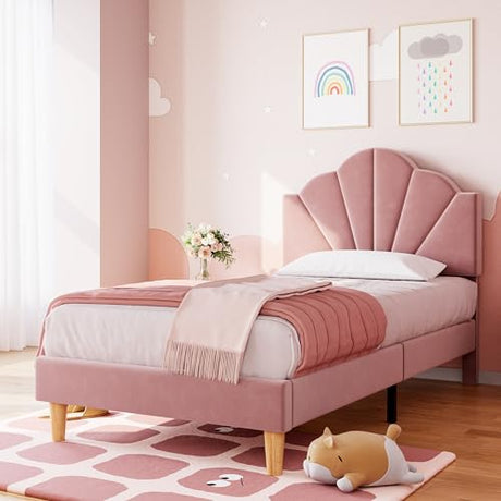 IDEALHOUSE Twin Bed Frame, Velvet Upholstered Platform Bed Frame with Height Adjustable Headboard for Boys & Girls, Wood Slat Support, Easy to Assemble, No Box Spring Needed, Light Pink IDEALHOUSE