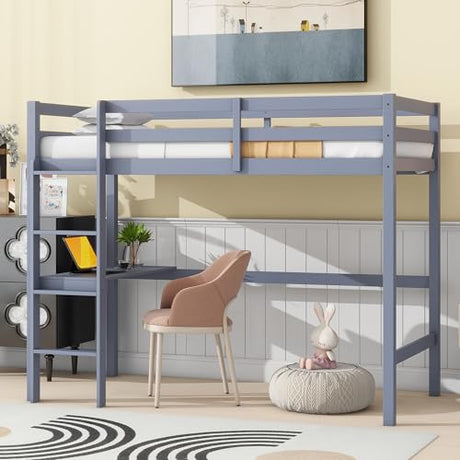 Twin Size High Loft Bed with Built-in Desk,Rubber Wood Loft Beds for Kids with Ladder & Safety Guardrail,Space-Saving Study and Sleep Combination,Wooden Frame for Bedrooms,Easy Assembly,Grey GDFStudio