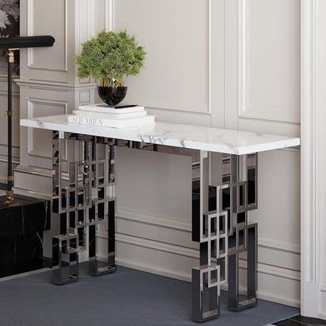 AUZ 55" White and Silver Console Table, Luxury Living Room Sofa Table, Modern Rectangle Console Table for Entryway, Living Room, Office, Foyer, Front Hall, Hallway AUZ
