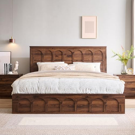 ACCOHOHO King Size Bed Frame Modern with 52" Tall Arched Recessed Headboard and 4 Drawers, Solid Wood Slats Support, Wood Platform, Noise Free, No Box Spring Needed, (Brown) ACCOHOHO