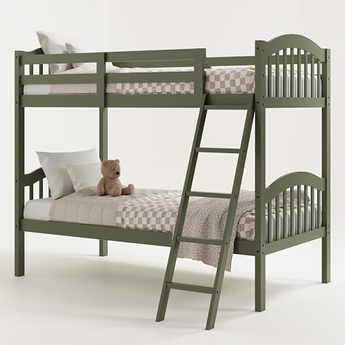 Storkcraft Long Horn Twin-Over-Twin Bunk Bed (Olive) - GREENGUARD Gold Certified, Converts to 2 Individual Twin Beds, Wood Slats, Bunk Bed Twin Over Twin for Kids, Ideal for Kids