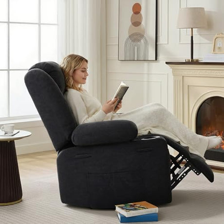 GAOHAPPY Swivel Rocker Recliner Chair, Manual Recliner Single Sofa with Cup Holders and Side Pocket, Chenille Fabric, Upholstered Nursery Rocking Chair for Living Room, Bedroom, Black GAOHAPY