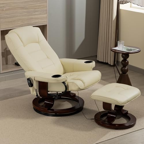 WENTUM 8-Point Massage Recliner with Ottoman, Heated PU Leather Reclining Chair w/Solid Wood Base, Indoor Lounge TV Chair with Footrest for Living Room and Bedroom, Beige WENTUM
