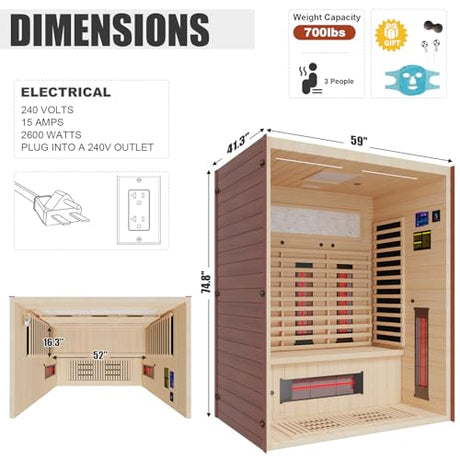 MEISSALIVVE Full Spectrum Sauna for Home, 2-3 Person Infrared Sauna with 7-Color Light Therapy & Bluetooth Speakers, Indoor Dry Heat Sauna with Red Light, Personal Luxury Spa for Home & Gym MEISSALIVVE