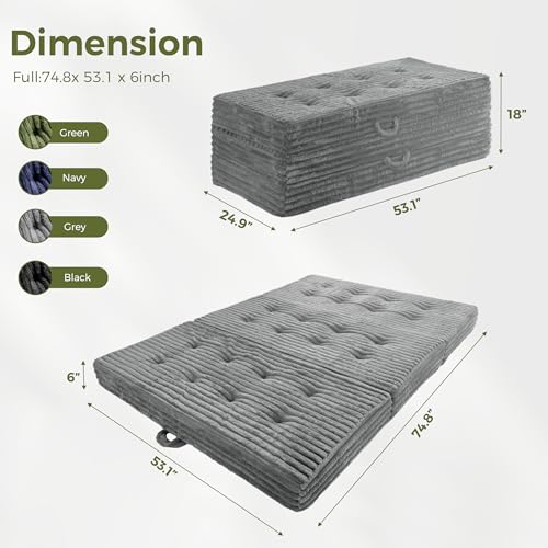 MAXYOYO Folding Mattress with Handles, 6 Inch Tri-Fold Mattress Floor Sofa Bed, Soft Faux Fur Folding Bed with Supportive Foam Filling, Portable Guest Couch for Sleeping, Full, Grey MAXYOYO