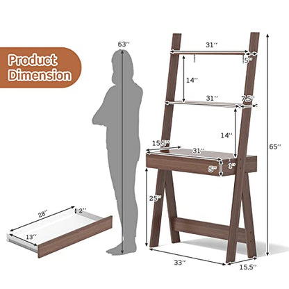 Tangkula Walnut Ladder Desk with 2-Tier Bookshelf and Drawer for Modern Storage Solutions - WoodArtSupply