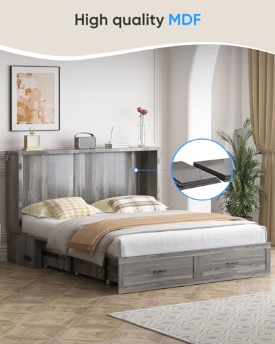 ADOWORE Queen Size Murphy Bed with Large Storage Drawer & Charging Station, Hideaway Full Foldable Platform Bed for Home Office or Guest Bedroom, Living Room,Grey ADOWORE