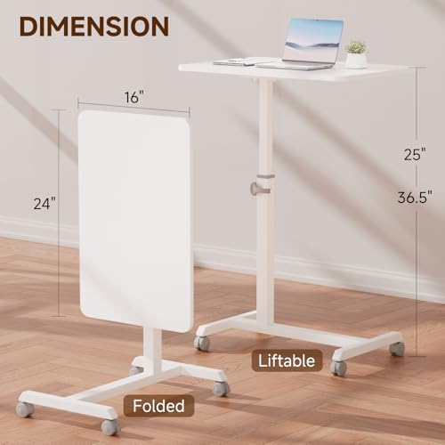 GTPLAYER Small Standing Desk, 24 Inches Mobile Foldable Rolling Laptop PC Table with Lockable Casters, Adjustable Height Overbed Bedside Table Computer Workstation for Home Office, White GTPLAYER