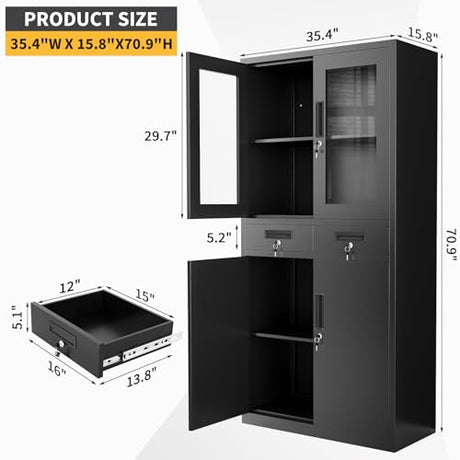 BouPower 71" Black Metal Storage Cabinet with Glass Doors, Garage Storage with 2 Drawers + 2 Adjustable Shelves, Heavy Duty Tool Cabinet with Locking Doors for School, Workshop, Office, Black BouPower