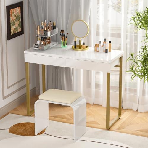 GreenForest Vanity Desk with 2 Drawers,39 inch White Desk with Glossy Desktop Easy Clean,Makeup Dressing Table with Metal Gold Legs for Home Office Small Spaces,Bedroom GreenForest