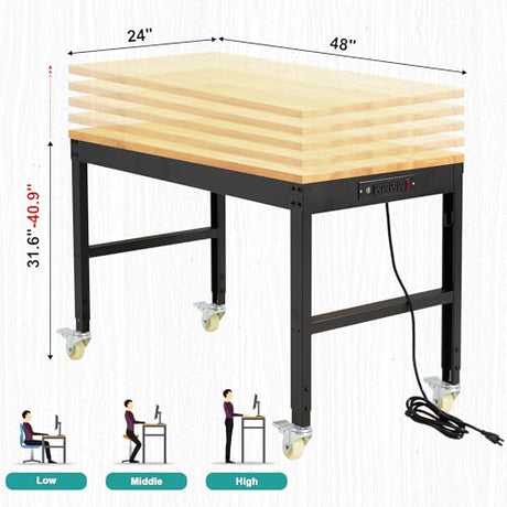 48" Heavy Duty Workbench, Solid Wood Working Bench Adjustable Height Rolling Work Tables with Power Outlets for Home Office, 1800 Lbs Capacity (Metal Wheels丨Rubber Pad丨48 x24 丨Socket) Hombanyan