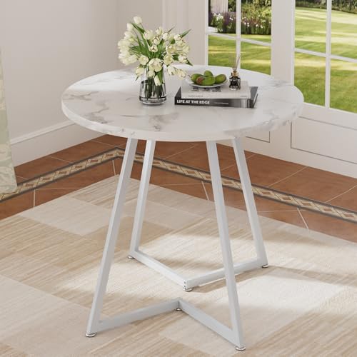 VECELO Round Dining Room Table with Wood Grain Tabletop and Steel Frame, for Kitchen, Living Room, Office, Conference, 2 to 4 Person, Fuax Marbled & White VECELO