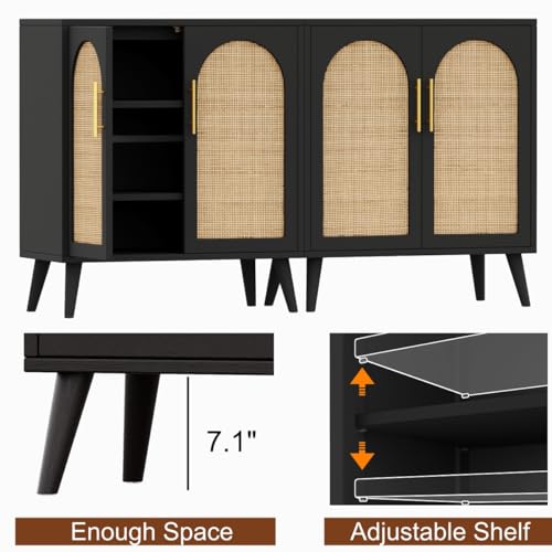 Rovaurx Set of 2 Rattan Storage Cabinet with Doors, Accent Bathroom Floor Cabinet, Modern Sideboard Buffet Cabinet for Living Room, Entryway, Dining Room and Kitchen, Black and Natural BMGZ108BM02 Rovaurx