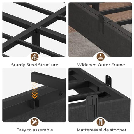 ADORNEVE Floating Queen Bed Frame, LED Bed Frame Linen Upholstered Platform Bed with Underbed Storage Space, Heavy Steel Slats Support, No Box Spring Needed, Noise Free，Dark Grey ADORNEVE