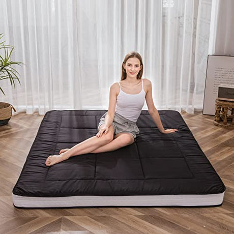 MAXYOYO Futon Mattress, Padded Japanese Floor Mattress Quilted Bed Mattress Topper, Extra Thick Folding Sleeping Pad Breathable Floor Lounger Guest Bed for Camping Couch, Black, Queen Size MAXYOYO