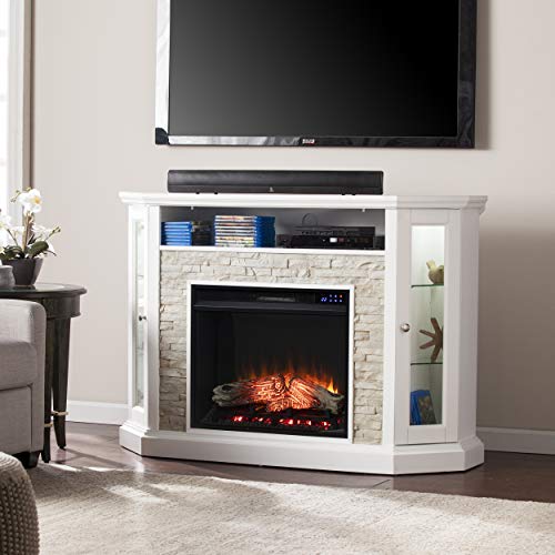 SEI Furniture Redden Faux Stone Corner Convertible Electric Fireplace with Media Storage, New Fresh White SEI Furniture