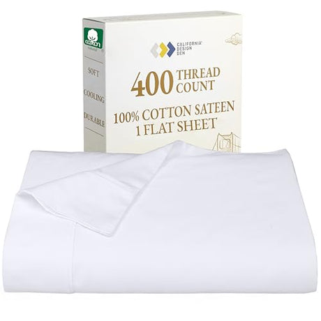 California Design Den Twin Flat Sheet Only, Soft 400 Thread Count 100% Cotton Bed Sheets, Soft Sateen Breathable & Durable Bedding - Bright White California Design Den
