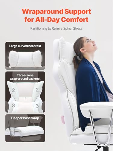 VEVOR Reclining Office Chair with Footrest, Heavy Duty PU Leather Oversize Office Chair, Big and Tall Executive Office Chairs with Lumbar Support, Strong Metal Base Quiet Wheels, White VEVOR