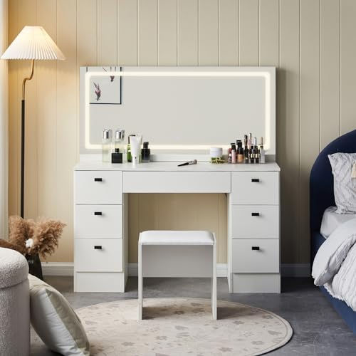 TUKAILAi 46" Vanity Desk with Large HD Mirror, LED Lights & Power Outlet, Touch Control 3 Color Lighting Modes Adjustable, Modern Hollywood Makeup Vanity Set with 7 Drawers & PU Cushioned Stool TUKAILAi